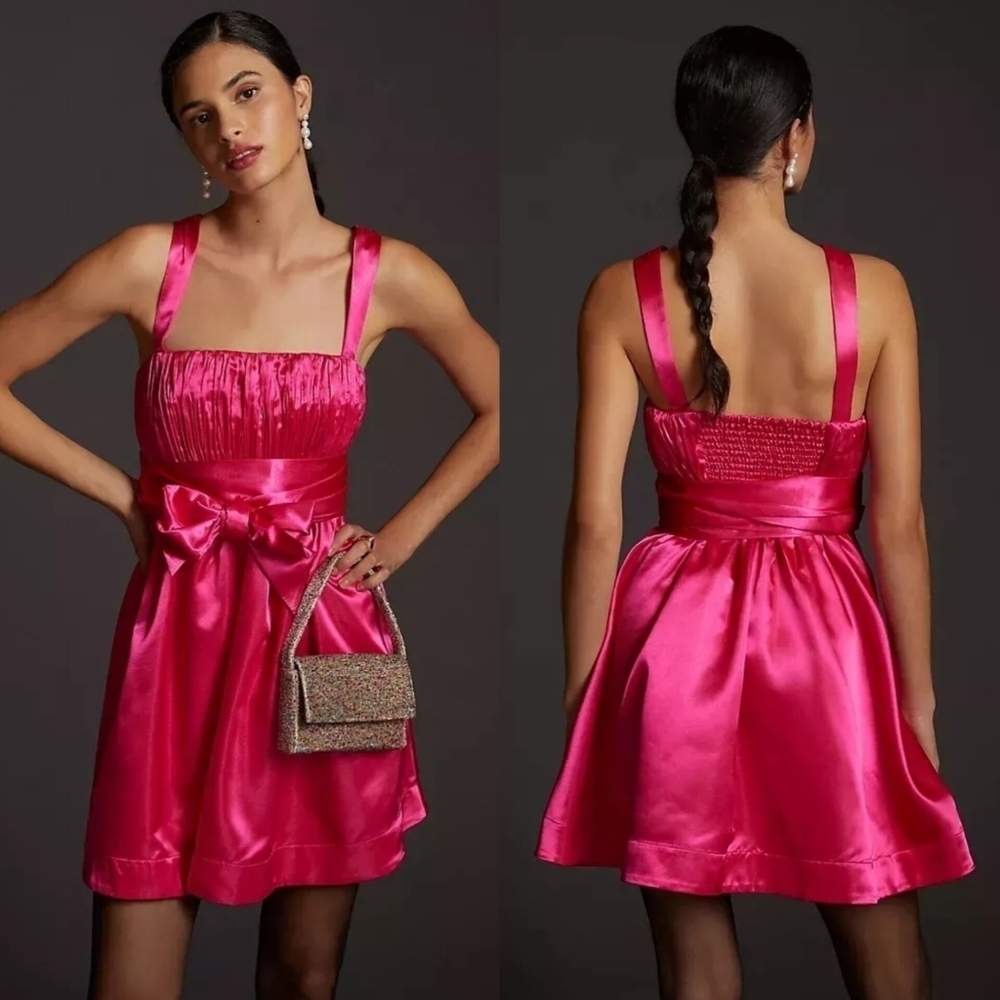 Anthropologie Maeve Bow-Tie Satin Mini Dress Wedding Party Prom Bridesmaid